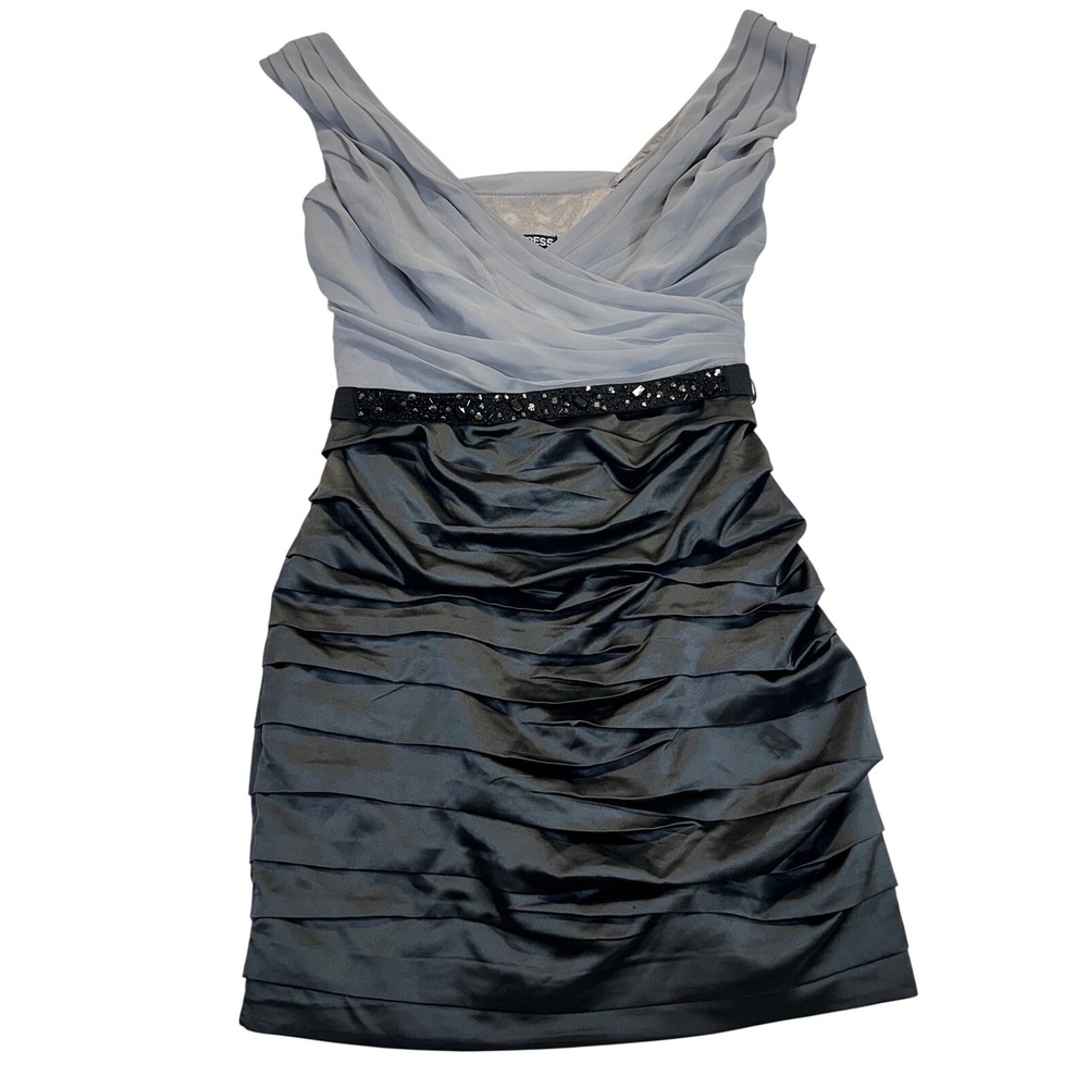 Express Women Grey Black Chiffon Satin Tiered Beaded Cocktail Dress Size 6 42460